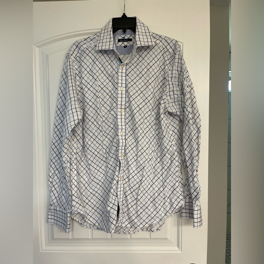 Robert Graham Dress Shirt white blue diamond print gingham cuff size xl
